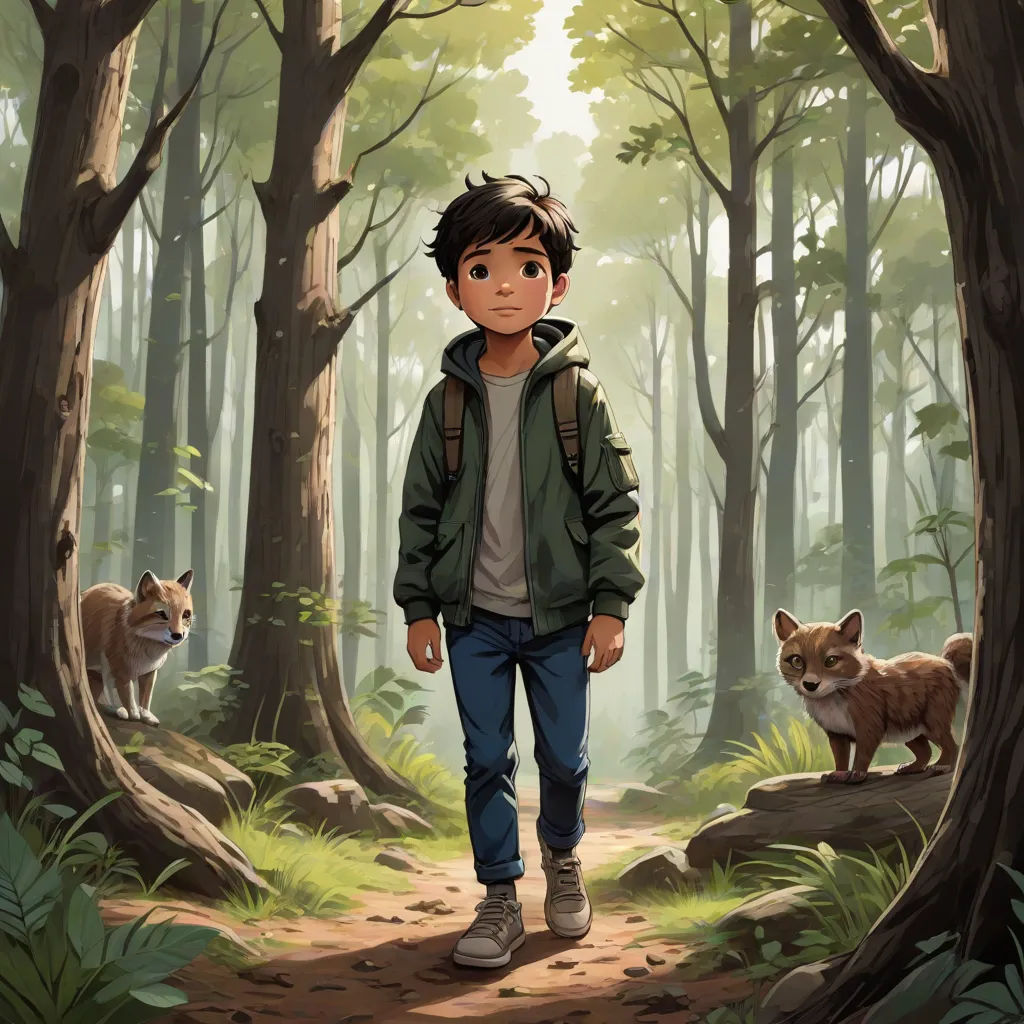 a boy in a forest with a fox and another animal in the background, and a forest scene with a boy in the foreground, sots art, poster art, Diego Gisbert Llorens, key art