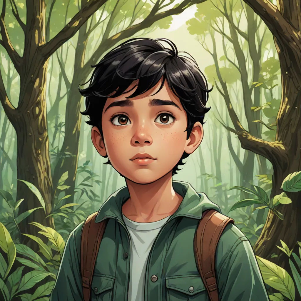 a boy in a green jacket standing in a forest with trees and bushes behind him, looking at the camera, photorealism, a character portrait, Diego Gisbert Llorens, stanley artgerm lau