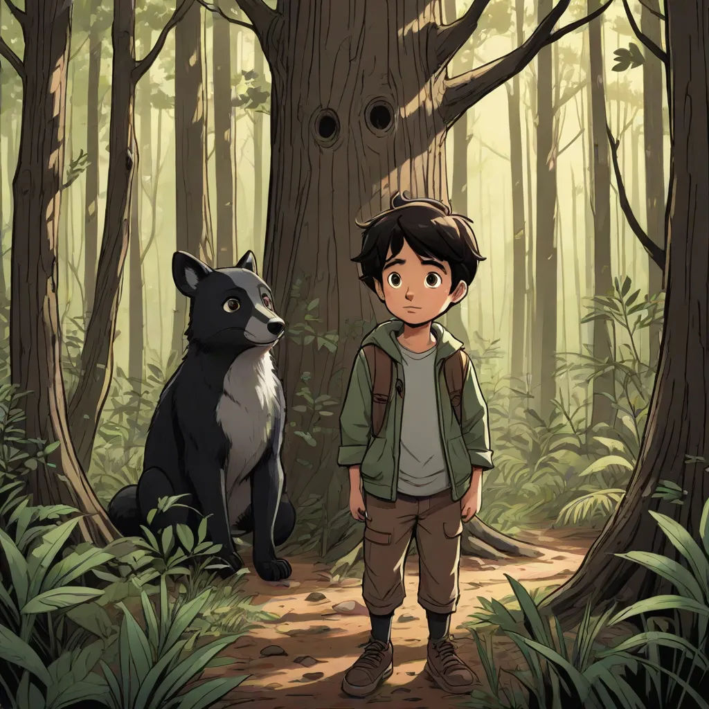 a boy standing next to a black bear in a forest next to a forest floor with trees and bushes, furry art, a storybook illustration, Diego Gisbert Llorens, official art