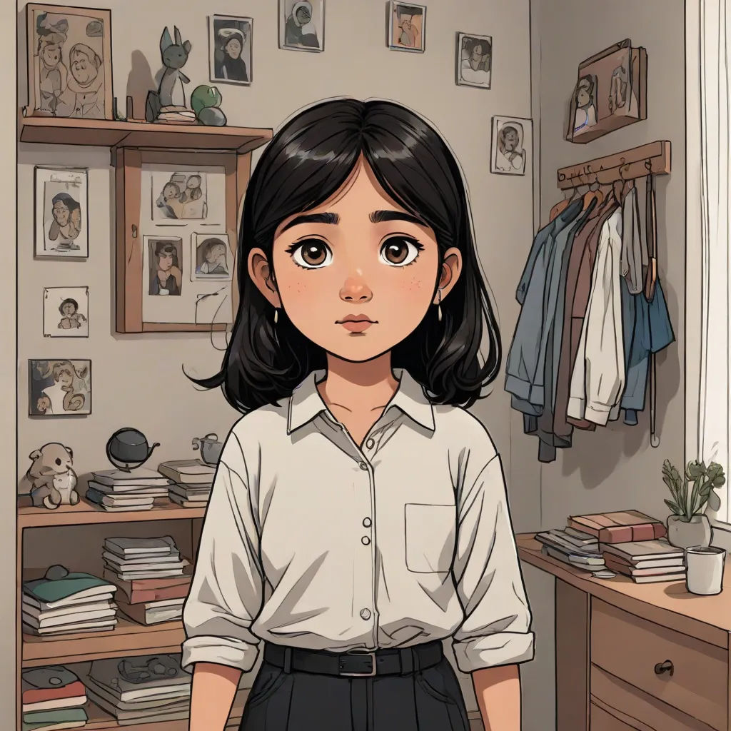 a girl standing in a room with a desk and a shelf with books on it and a picture of a man on the wall, art & language, a character portrait, Clarice Beckett, anime art