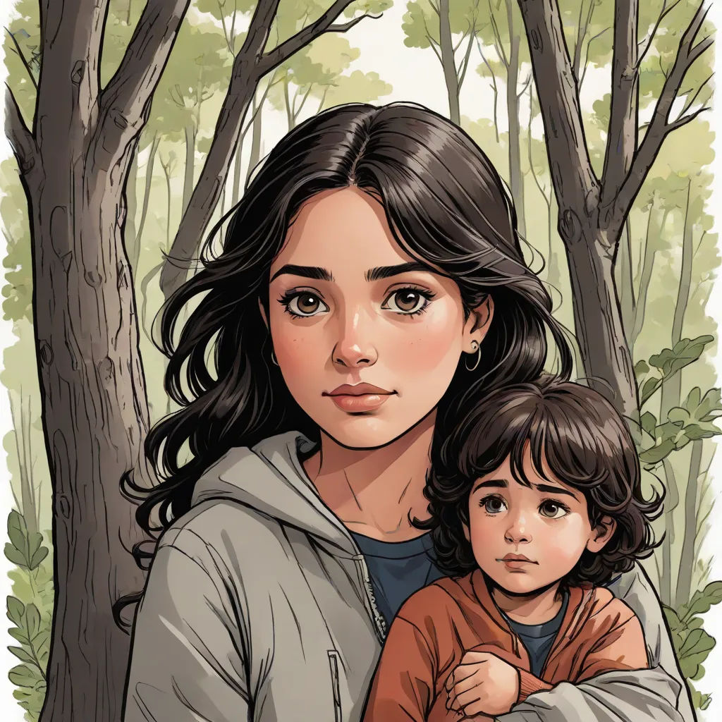 a woman holding a child in a forest with trees in the background and a drawing of a woman holding a child, sots art, a storybook illustration, Eve Ryder, comic cover art