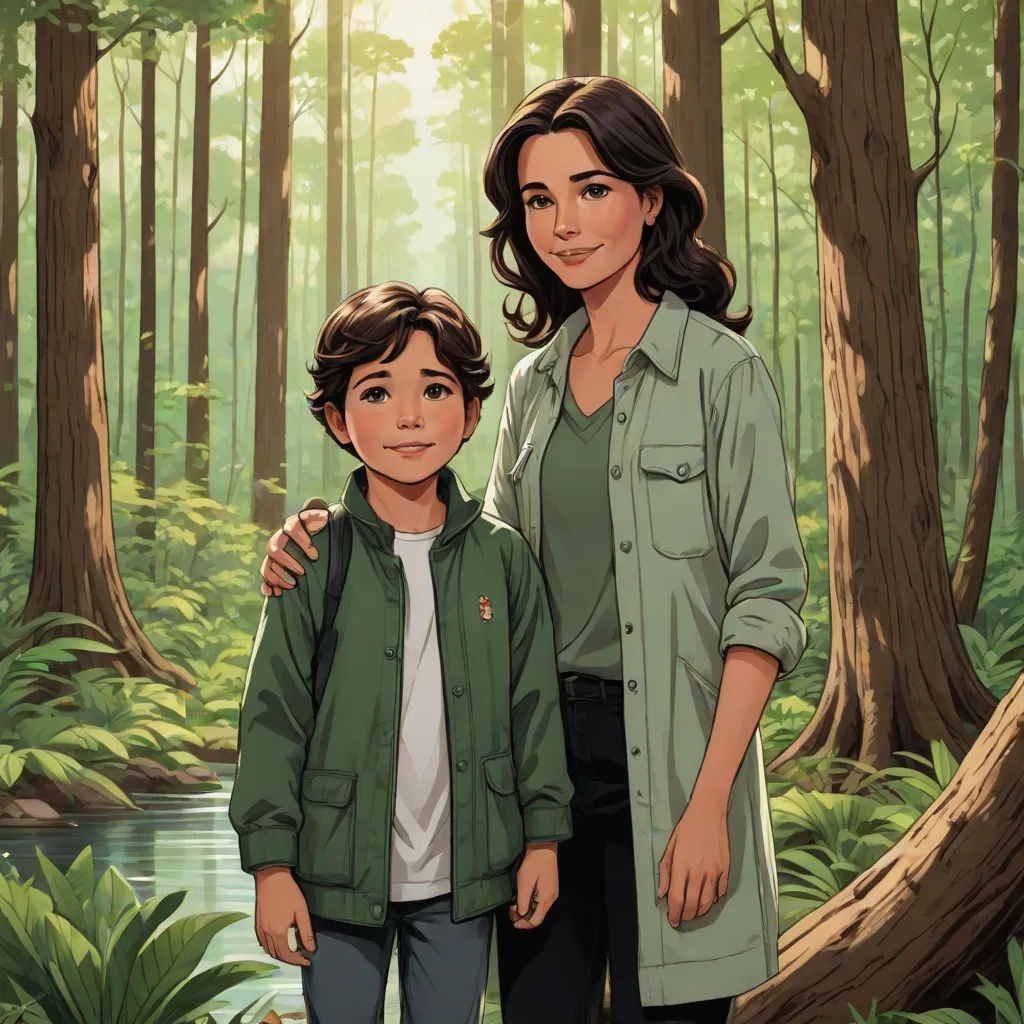 a woman and a boy standing in a forest with trees and water behind them, with a sun shining through the trees, serial art, a storybook illustration, Elizabeth Forbes, official art