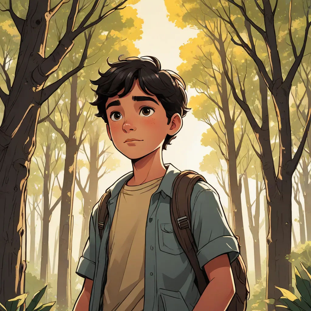 a boy standing in the woods with a backpack on his back and trees in the background, with a sunbeam in the distance, sots art, a character portrait, Diego Gisbert Llorens, rossdraws global illumination