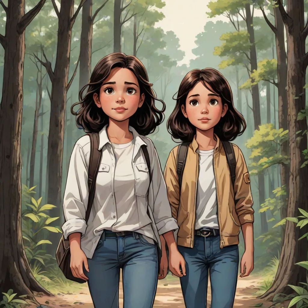 two young girls walking through a forest with trees in the background and a man standing next to them with a backpack, serial art, a comic book panel, Brothers Hildebrandt, comic cover art