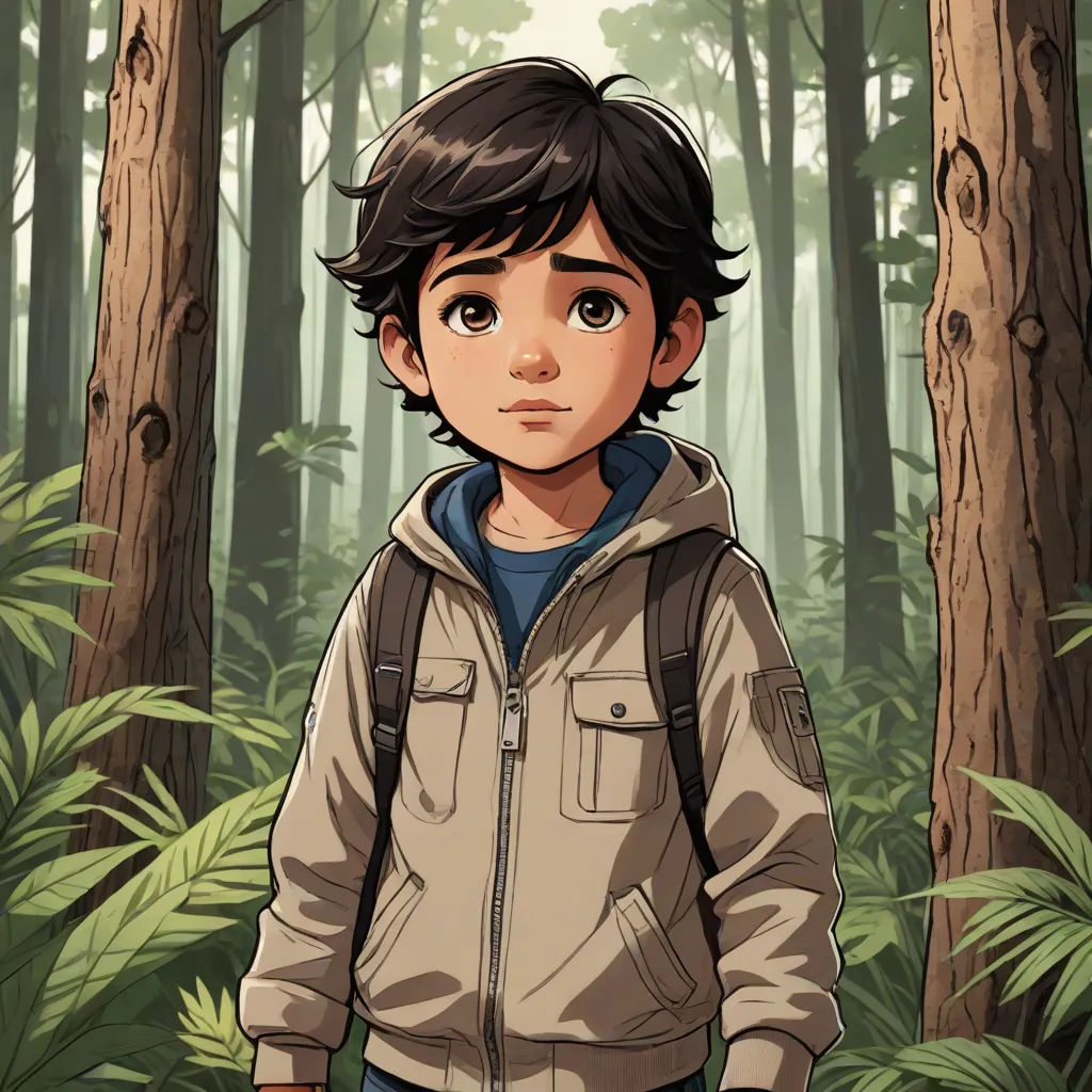 a boy in a jacket standing in a forest with trees and ferns behind him, looking at the camera, serial art, a character portrait, Eddie Mendoza, graphic novel