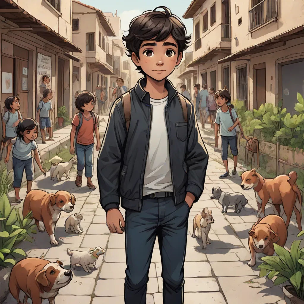a man standing in front of a group of dogs on a street next to a building with a boy in the middle, furry art, a comic book panel, Asaf Hanuka, comic cover art