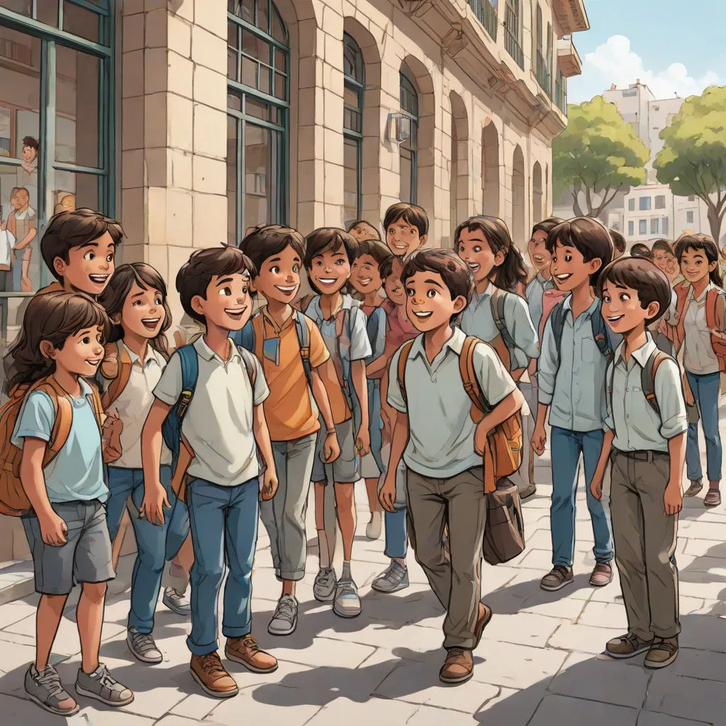 a group of children standing in front of a building with a backpack on their back and a man in the front of the picture, les automatistes, a comic book panel, Asaf Hanuka, official art