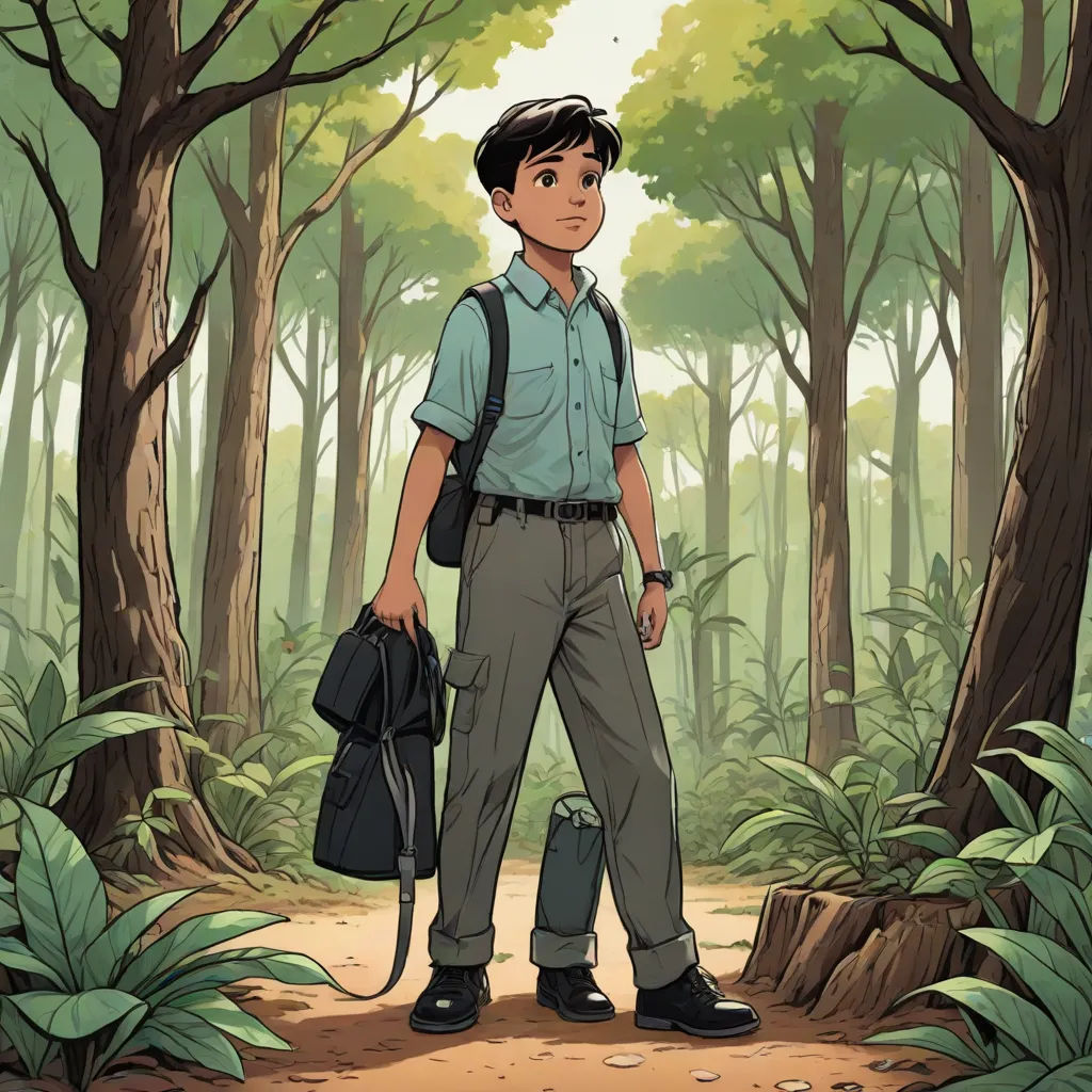 a man standing in the middle of a forest holding a backpack and a briefcase in his hand and a backpack on his shoulder, serial art, a character portrait, Asaf Hanuka, graphic novel