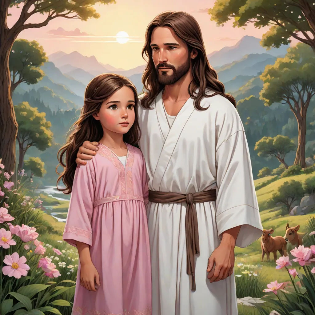 a painting of jesus and a little girl in a pink dress standing in a field of flowers with a mountain in the background, Brothers Hildebrandt, naive art, a storybook illustration, official art