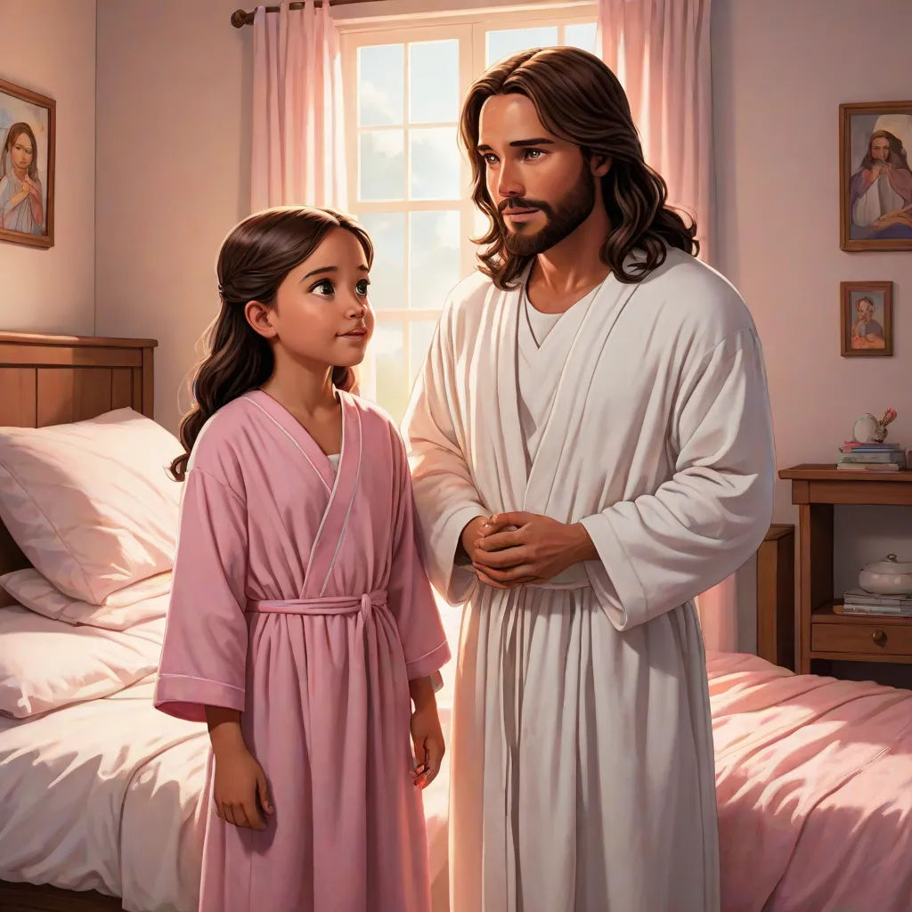 a painting of a man and a little girl in a bedroom with a window and a bed with pink sheets, F Scott Hess, american scene painting, a storybook illustration, official art