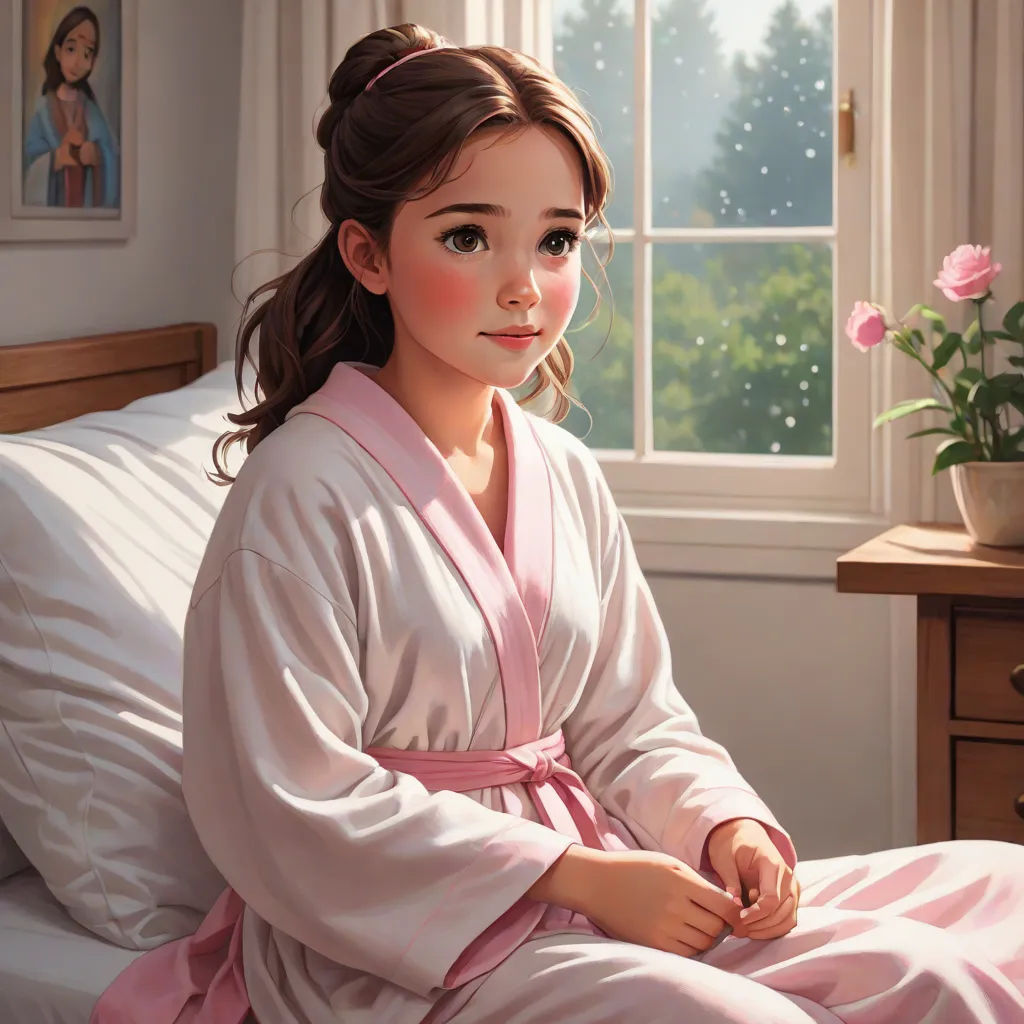 a painting of a woman in a pink robe sitting on a bed with a flower in a vase on the side, Evgeny Lushpin, figurative art, a detailed painting, kinkade