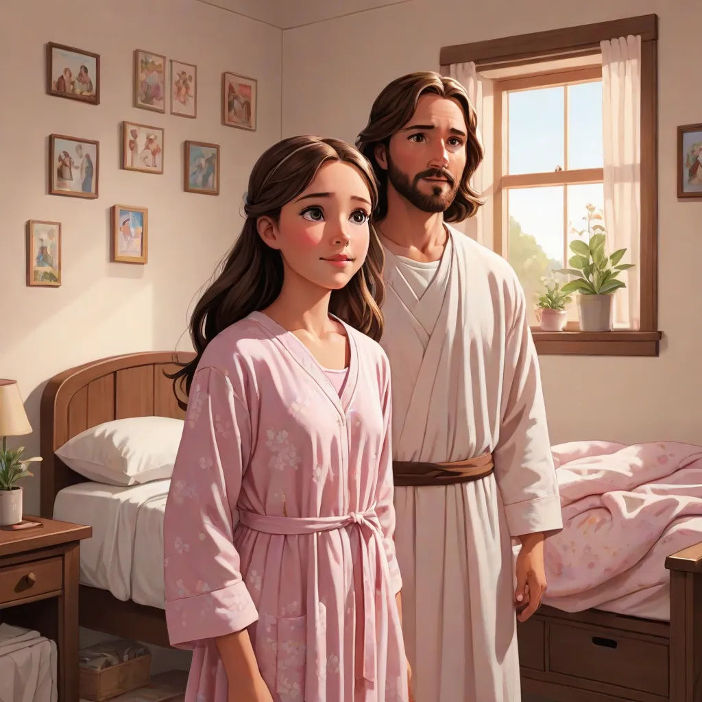 a man and a woman in a bedroom with a bed and a window in the background, and a painting of a man and a woman in a pink robe, F Scott Hess, american scene painting, a storybook illustration, official art