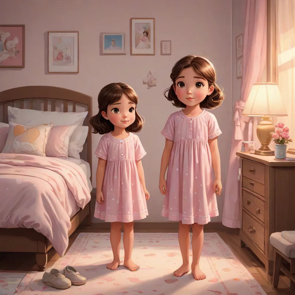 two little girls standing in a bedroom next to a bed and a dresser with a pink blanket on it, disney, photorealism, an oil painting, cgstudio