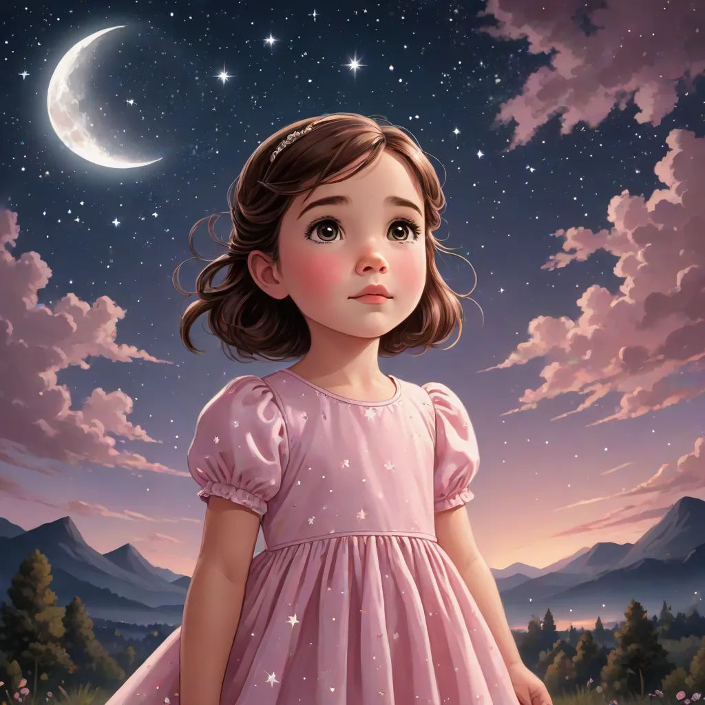 a painting of a little girl in a pink dress standing in a field under a crescent moon and stars, Bob Byerley, fantasy art, a storybook illustration, highly detailed digital painting