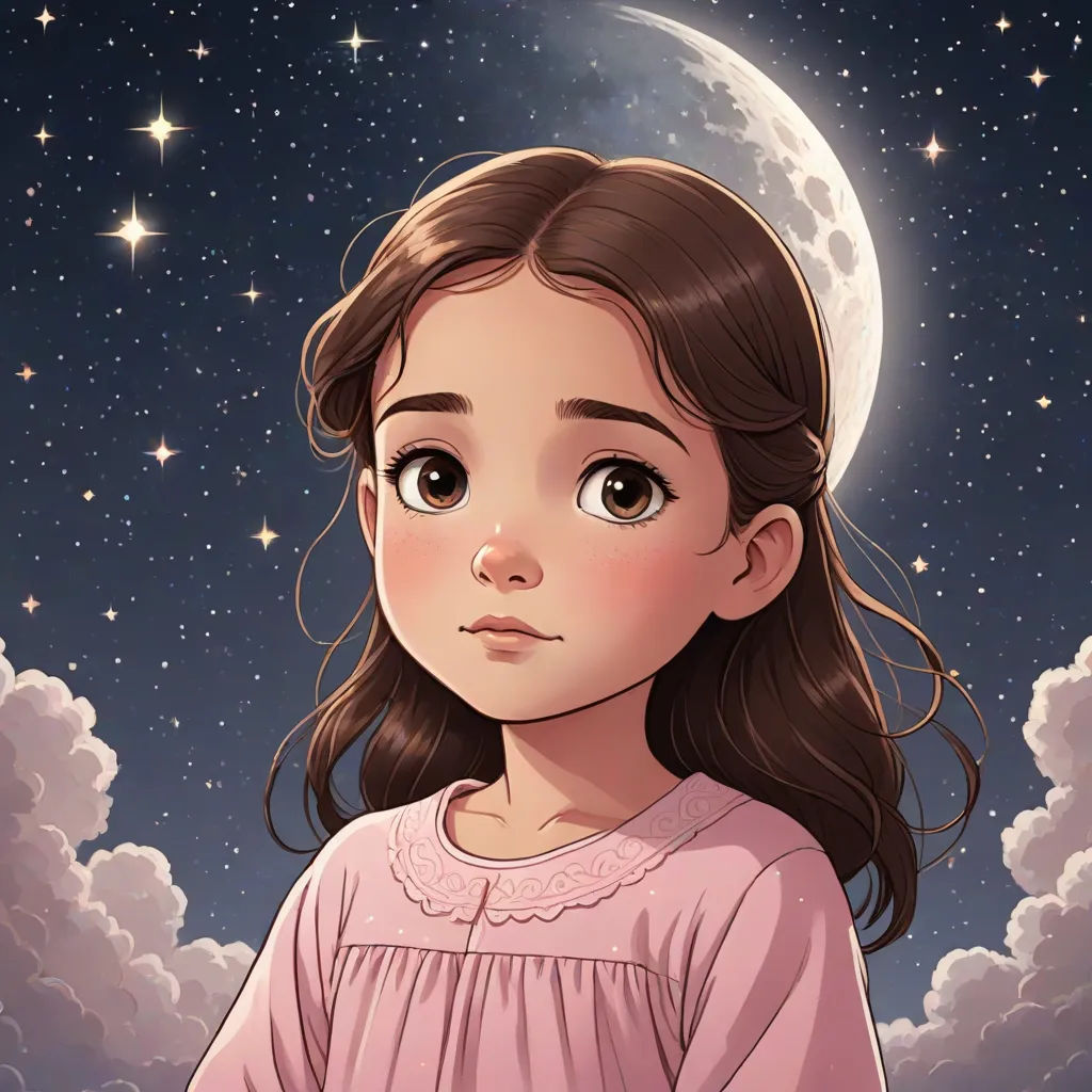 a girl with a pink dress standing in front of a moon and stars background with clouds and stars in the sky, Clarice Beckett, space art, a storybook illustration, comic cover art