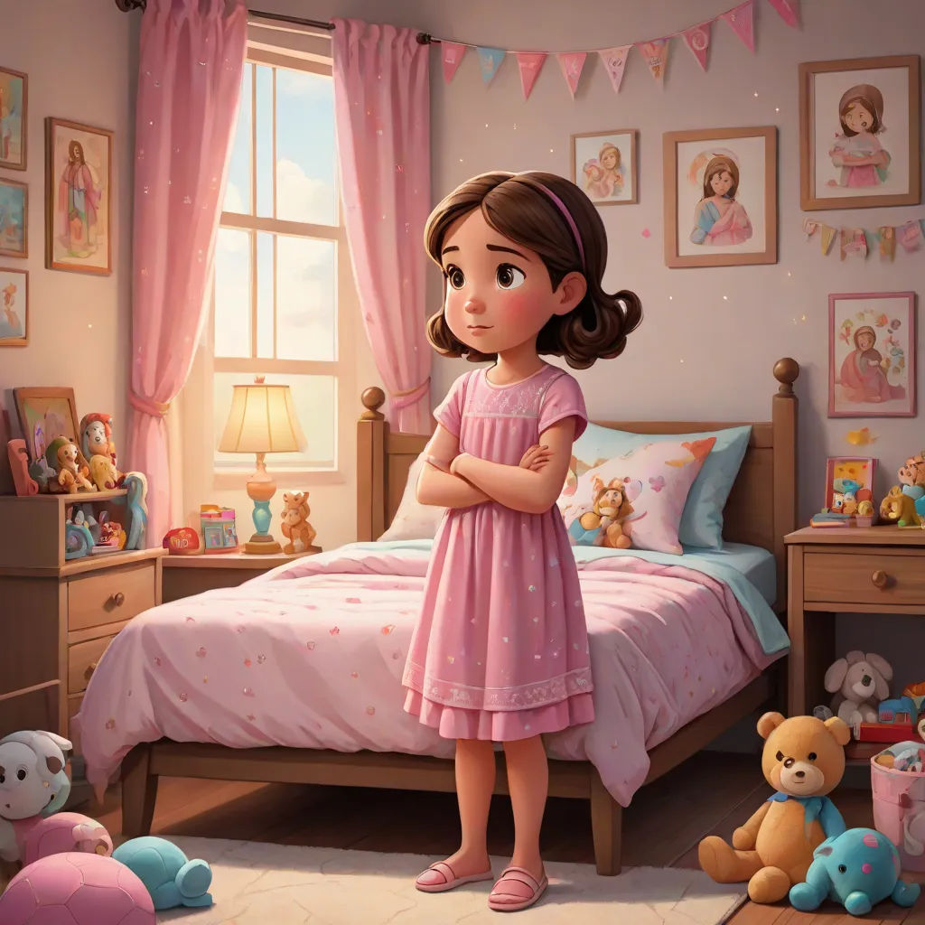 a girl in a pink dress standing in a bedroom with teddy bears and a bed with pink sheets and pink curtains, Clarice Beckett, photorealism, a storybook illustration, cgstudio