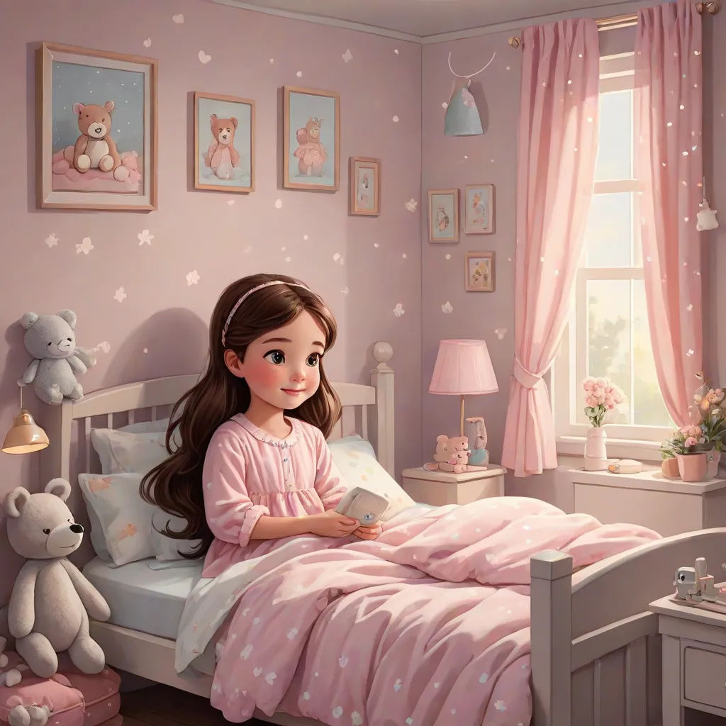 a girl in a pink bedroom with a teddy bear and a teddy bear lamp on the nightstands and a teddy bear on the bed, Caroline Lucy Scott, fantasy art, a storybook illustration, storybook illustration