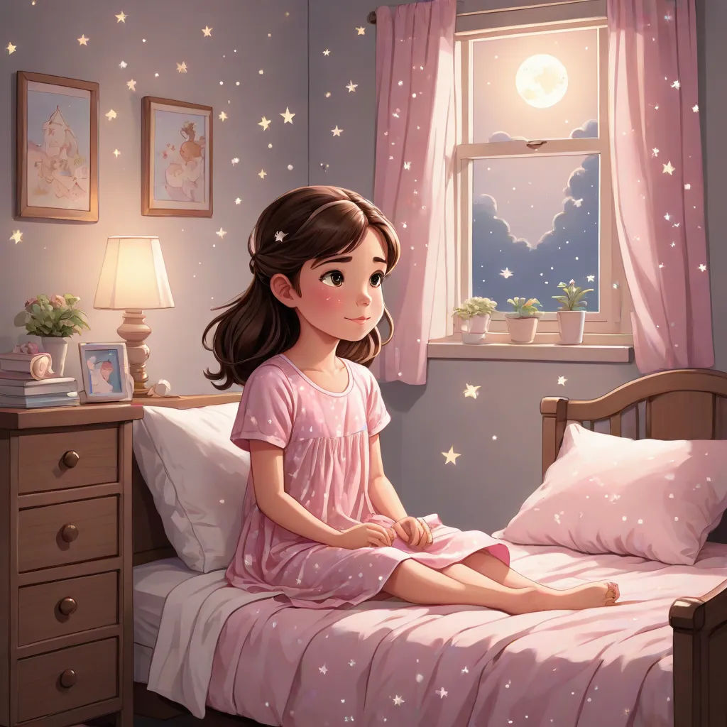 a girl sitting on a bed in a bedroom with a window and stars on the wall behind her and a night sky, Cyril Rolando, magical realism, a storybook illustration, storybook illustration