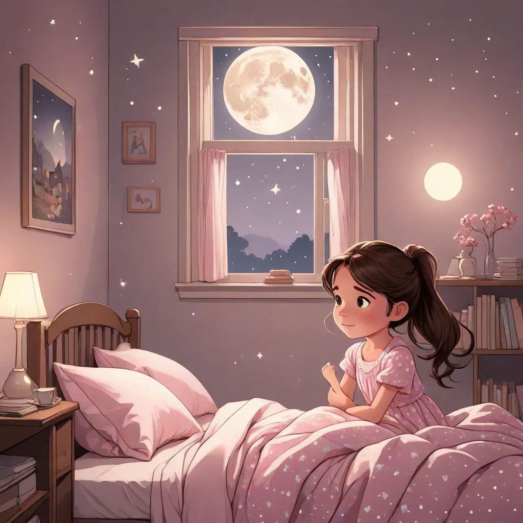 a little girl sitting on a bed in a bedroom with a window and a night sky outside the window, Atey Ghailan, space art, a storybook illustration, nighttime