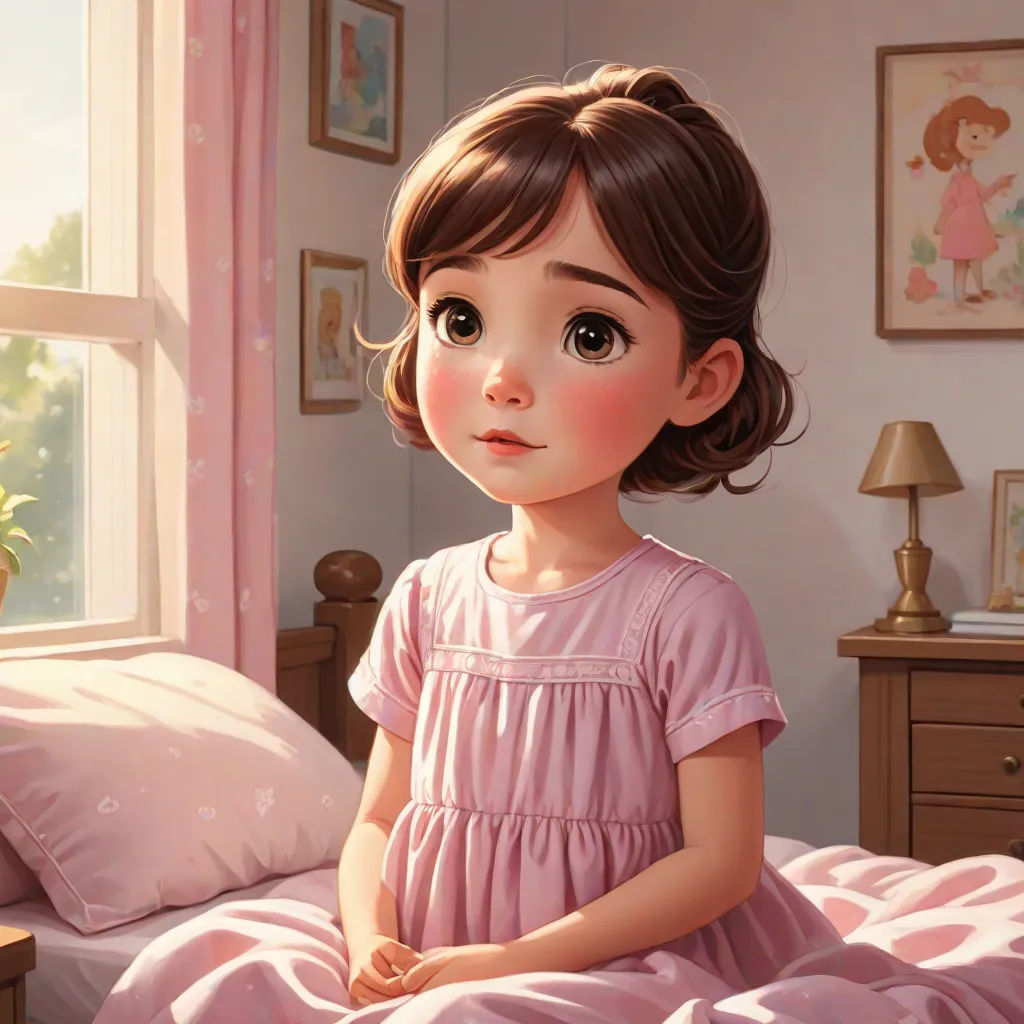 a painting of a little girl sitting on a bed in a pink dress with a flower in her hand, Chen Lin, photorealism, a storybook illustration, cgstudio