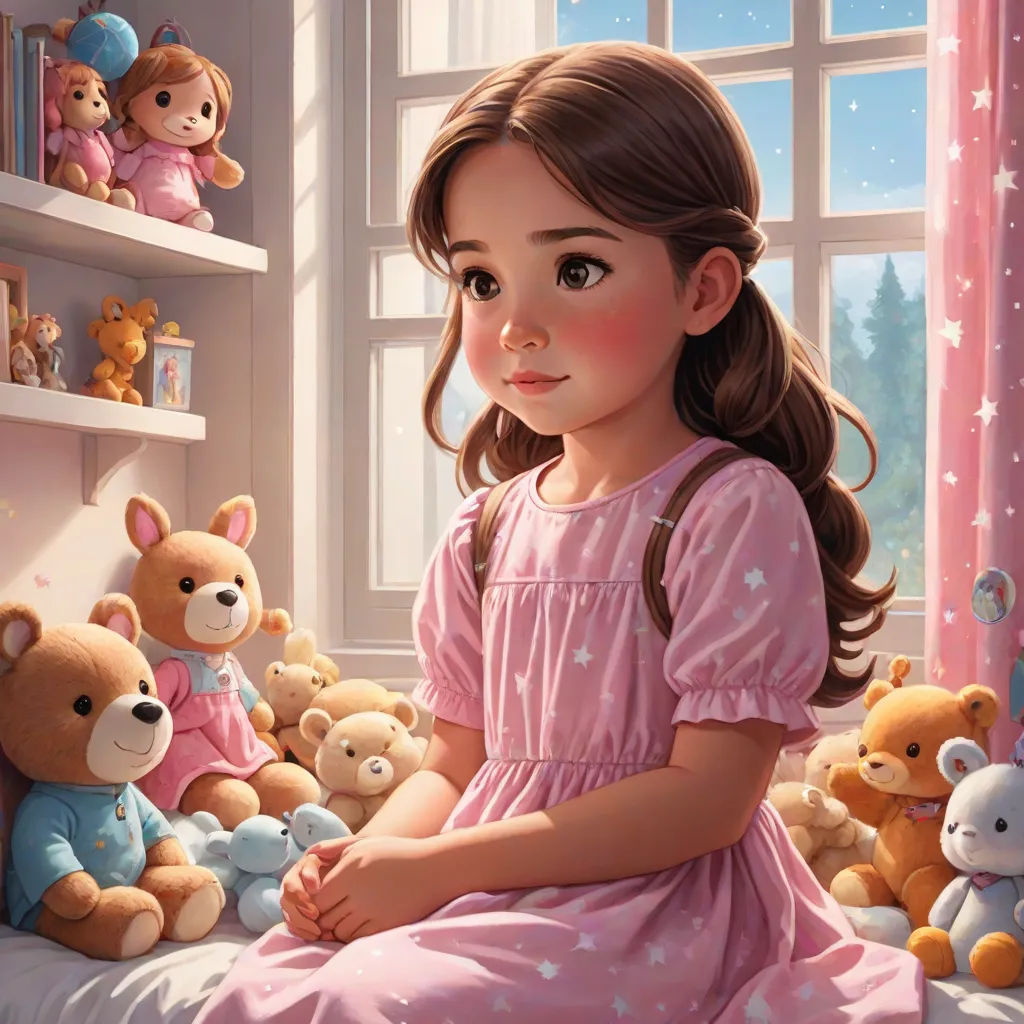 a painting of a little girl sitting on a bed with stuffed animals in front of her and a window, Bob Byerley, figurative art, a storybook illustration, cgstudio