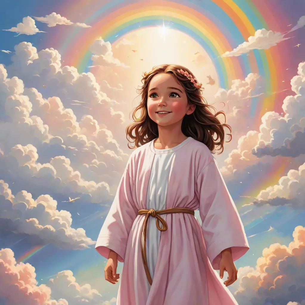 a painting of a little girl in a pink dress standing in front of a rainbow and clouds with a halo, Bob Byerley, precisionism, a storybook illustration, kinkade