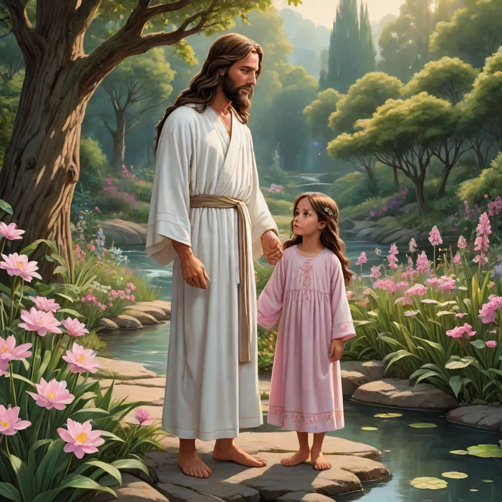 a painting of jesus holding the hand of a little girl in a garden of flowers with a tree and a pond, Carl Heinrich Bloch, naive art, a storybook illustration, kinkade