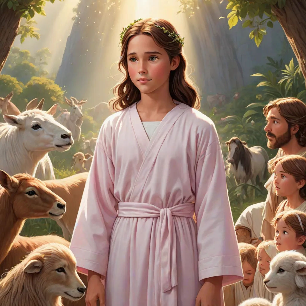 a painting of a young girl in a pink robe surrounded by sheep and goats in a forest with sunlight streaming through the trees, Bob Byerley, figurative art, a detailed matte painting, kinkade