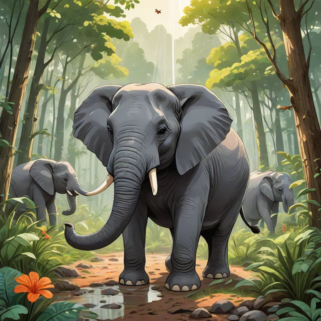 a painting of an elephant and her baby in the jungle with a waterfall in the background and a butterfly flying above, sumatraism, a storybook illustration, Chris LaBrooy, official art