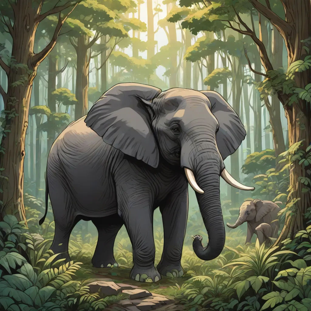 an elephant and a baby elephant in a forest with trees and bushes, with sunlight shining through the trees, sumatraism, a storybook illustration, Chris LaBrooy, highly detailed digital painting
