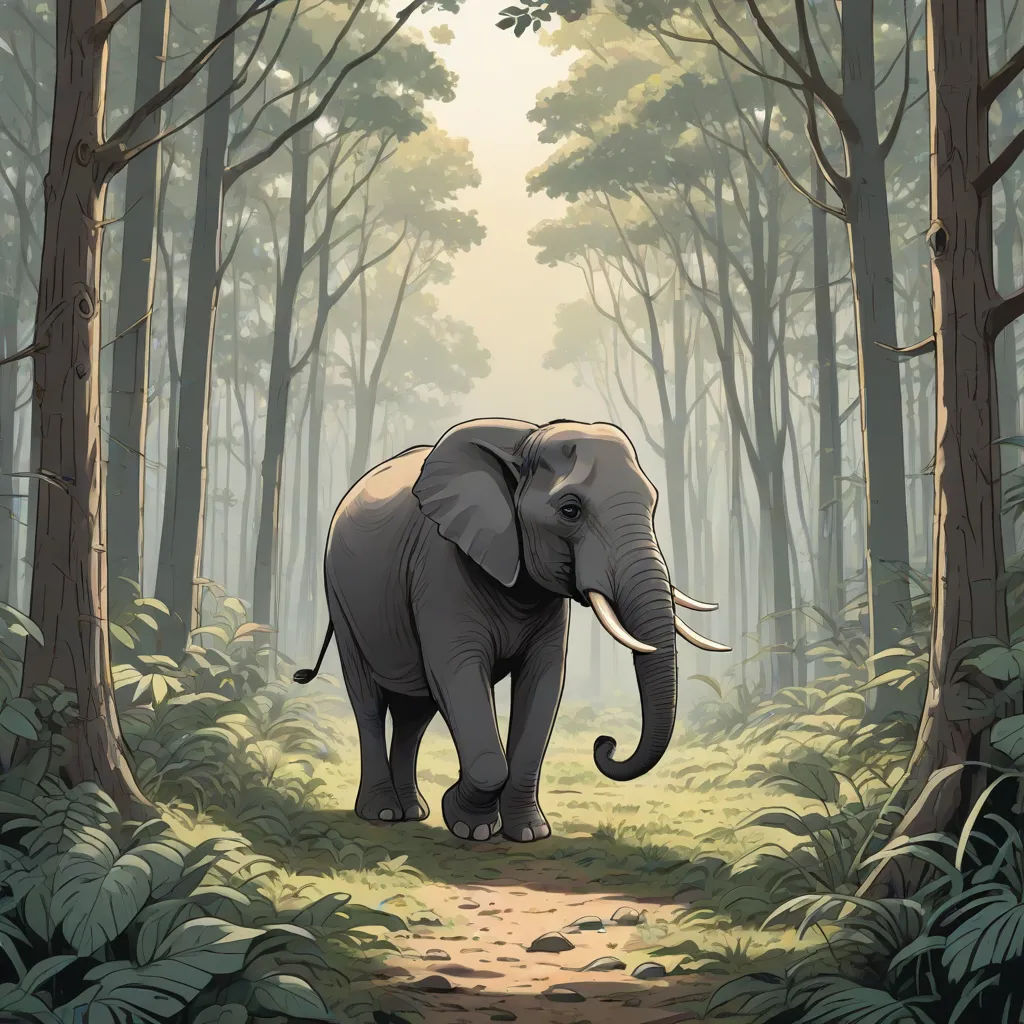 an elephant walking through a forest with tall trees and grass on the ground, with a path leading to the elephant, sumatraism, a storybook illustration, Chris LaBrooy, storybook illustration