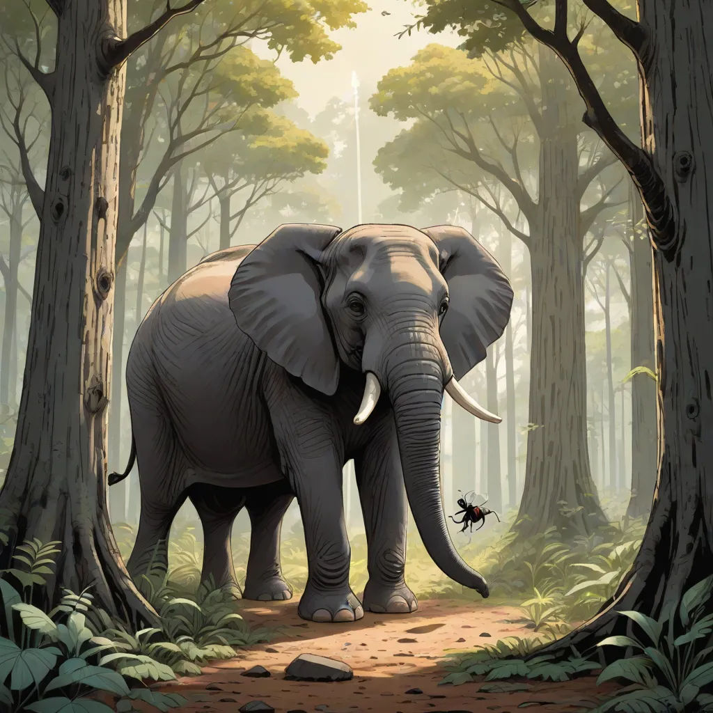 an elephant standing in the middle of a forest with a spider crawling on it's trunk and a tree trunk, magical realism, a storybook illustration, Chris LaBrooy, storybook illustration