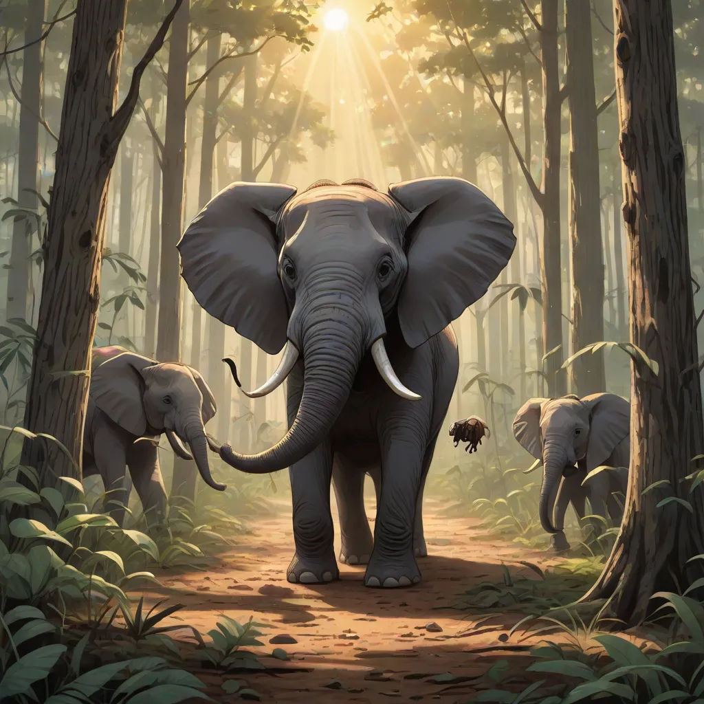 a painting of an elephant walking through a forest with other elephants in the background and a sunbeam in the background, sumatraism, a digital painting, Chris LaBrooy, highly detailed digital painting