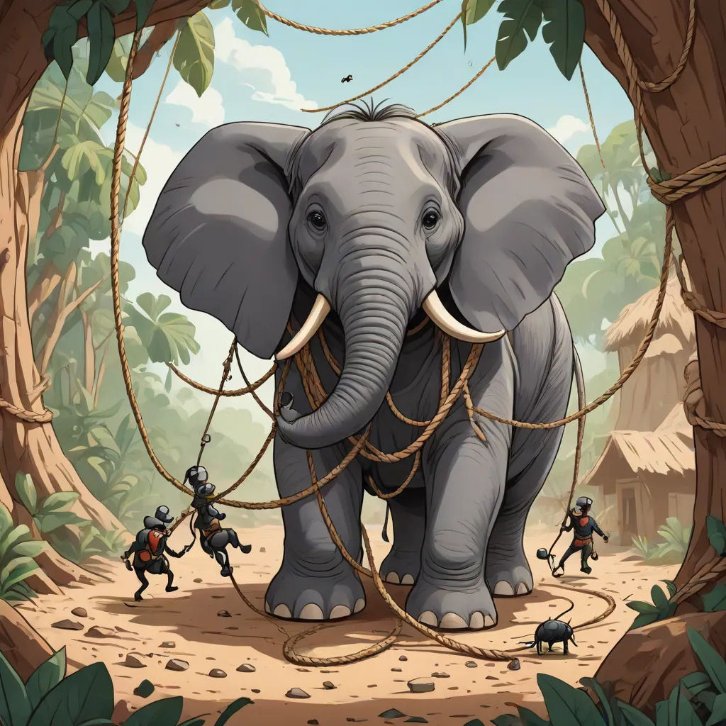 a cartoon elephant with a rope around its neck and some people in the background with a tree and a house, sumatraism, a storybook illustration, Chris LaBrooy, highly detailed digital painting
