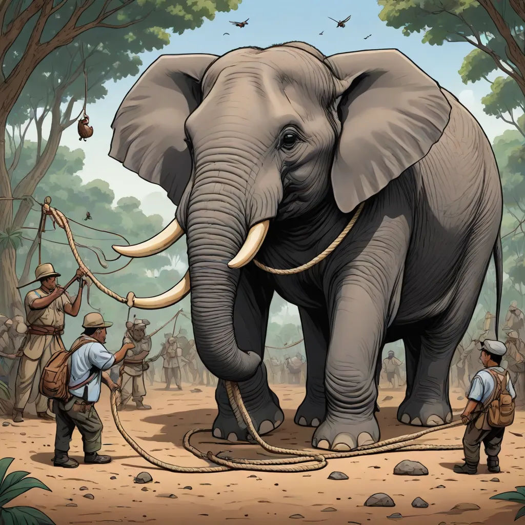 a painting of an elephant with a man on it's back and a group of people around it, sumatraism, an illustration of, Amédée Ozenfant, highly detailed digital painting