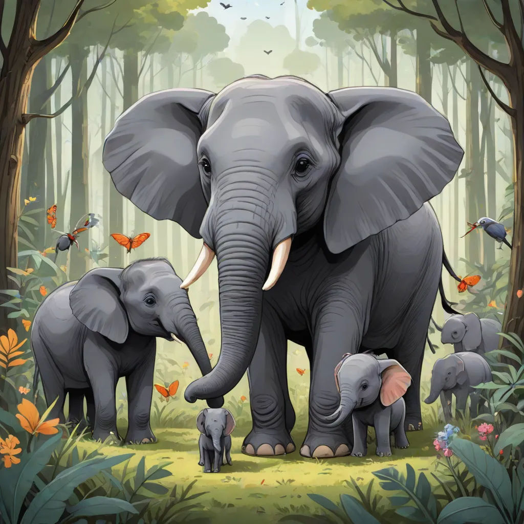 a family of elephants in a forest with butterflies flying around them and a baby elephant standing between them and a larger elephant standing between them, sumatraism, a storybook illustration, Chris LaBrooy, highly detailed digital painting