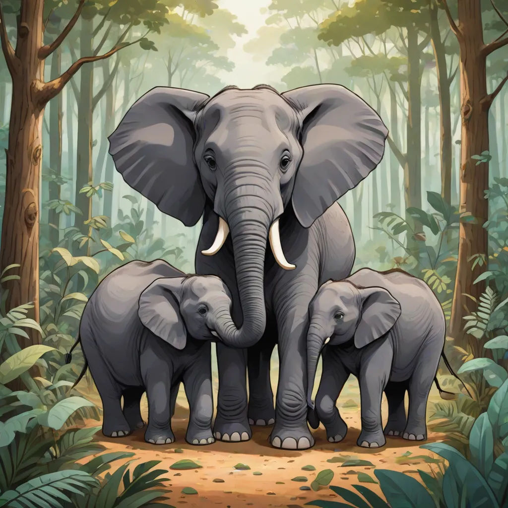 a family of elephants standing in the middle of a forest with trees and plants around them, with a sun shining through the trees, sumatraism, a storybook illustration, Amédée Ozenfant, detailed illustration