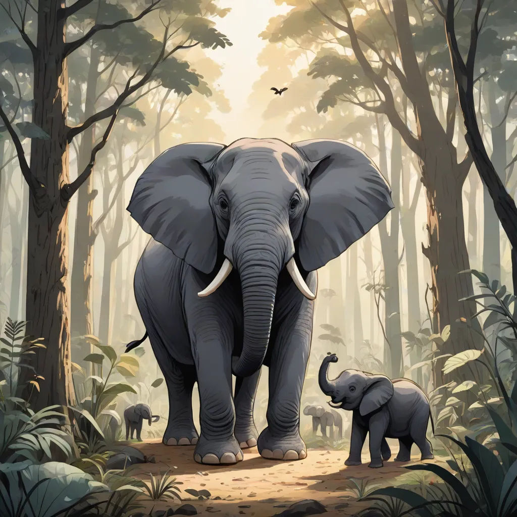 a painting of an elephant and its baby in a forest with birds flying overhead and a bird flying above, sumatraism, a storybook illustration, Chris LaBrooy, highly detailed digital painting