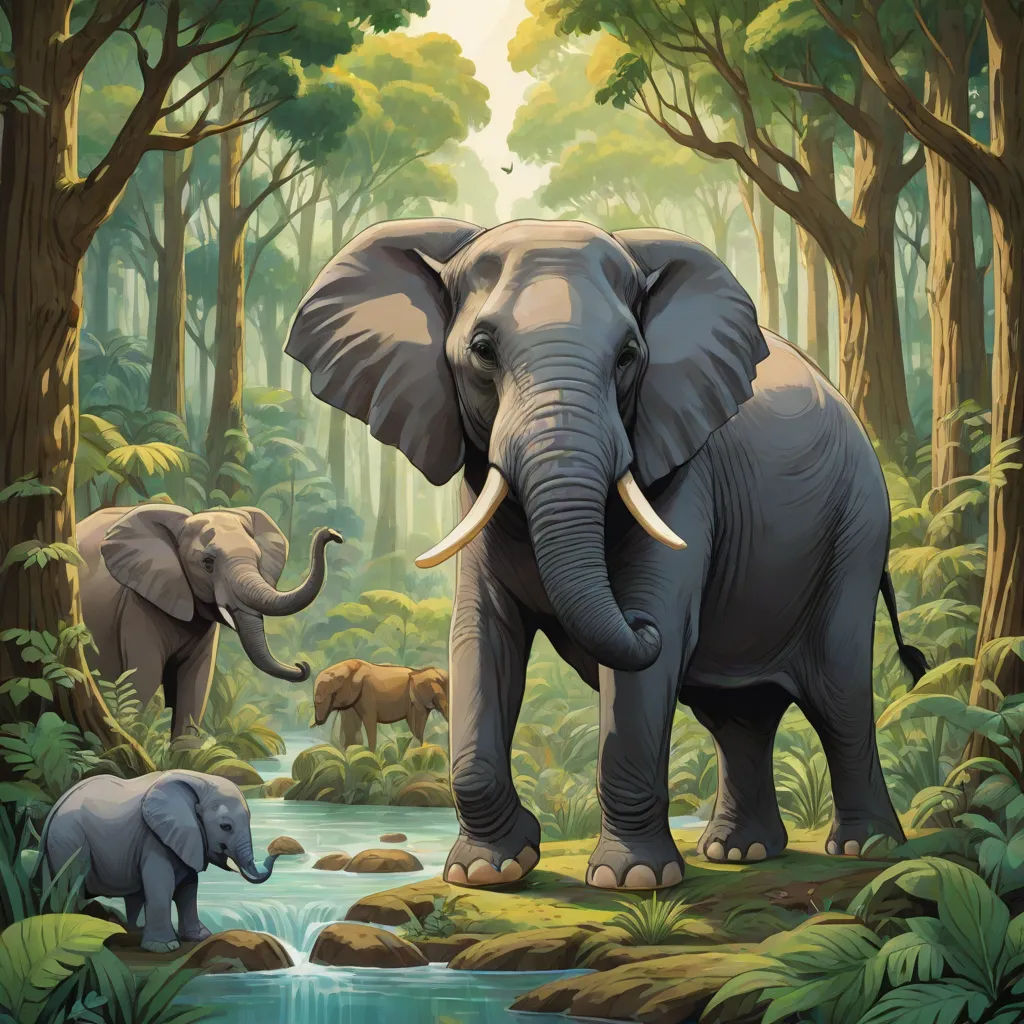 a painting of two elephants and a baby elephant in a forest with a stream of water and trees in the background, sumatraism, a storybook illustration, Chris LaBrooy, highly detailed digital painting
