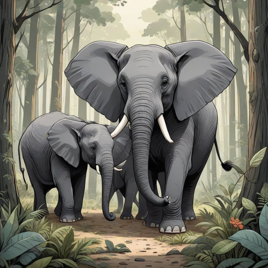 a couple of elephants standing in the middle of a forest with trees and plants around them and a baby elephant, sumatraism, a storybook illustration, Chris LaBrooy, detailed illustration