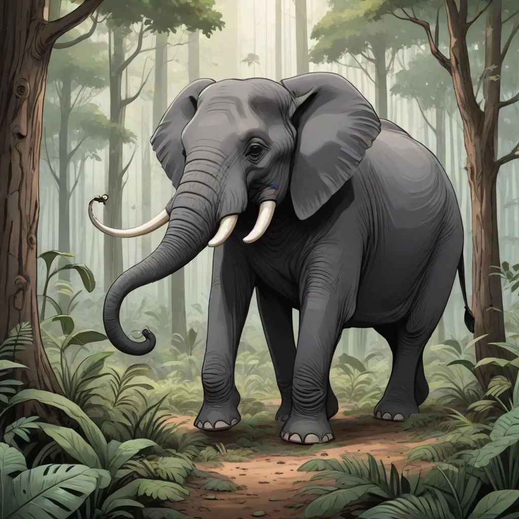 an elephant is walking through a forest with trees and plants on the ground and a path leading to it, sumatraism, a storybook illustration, Chris LaBrooy, 2 d game art