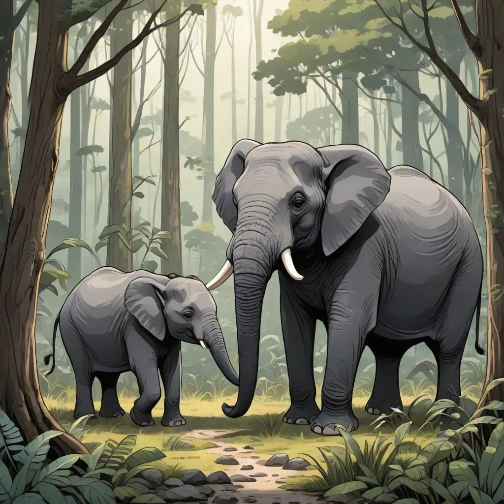 a couple of elephants walking through a forest filled with trees and plants, with a baby elephant standing next to them, sumatraism, a storybook illustration, Chris LaBrooy, storybook illustration