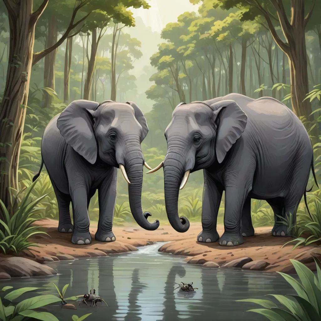 two elephants standing next to each other in a forest with a river running through it and trees and foliage, sumatraism, a storybook illustration, Chris LaBrooy, highly detailed digital painting