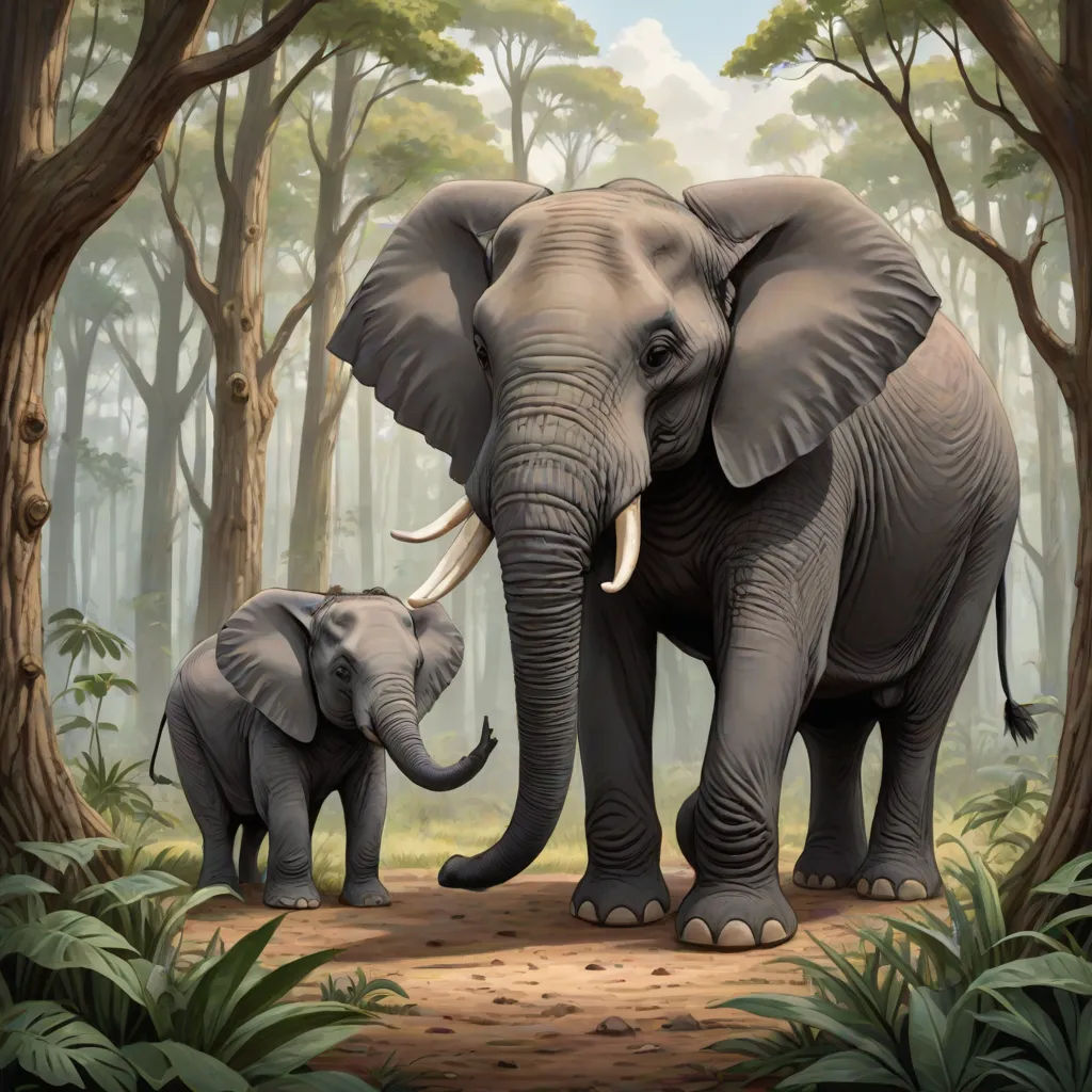 a painting of an elephant and its baby in a forest with trees and grass and a sky background with clouds, sumatraism, an airbrush painting, Chris LaBrooy, highly detailed digital painting