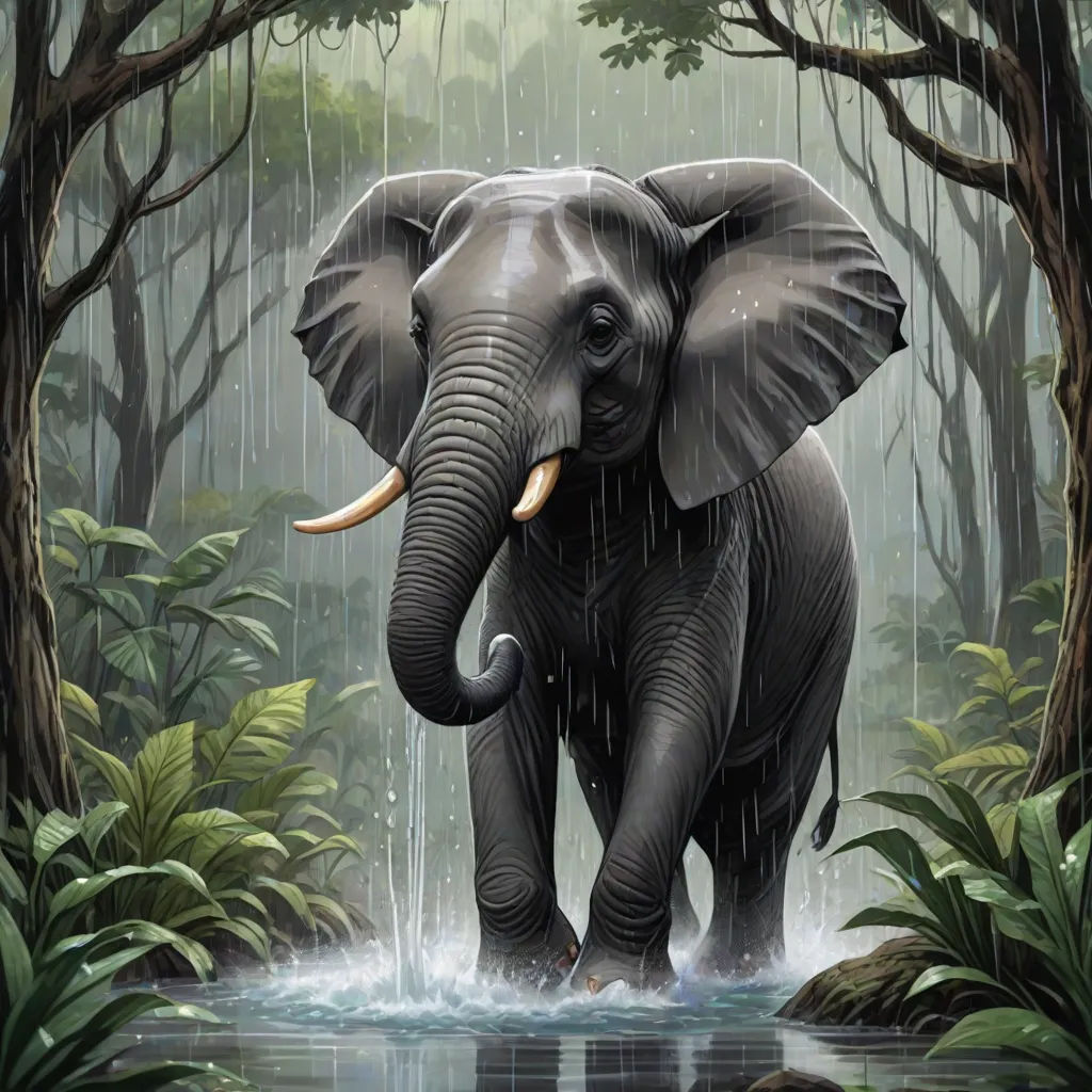 an elephant is standing in the water in the jungle with trees and plants around it, and it is raining, fantastic realism, a digital painting, Chris LaBrooy, highly detailed digital painting