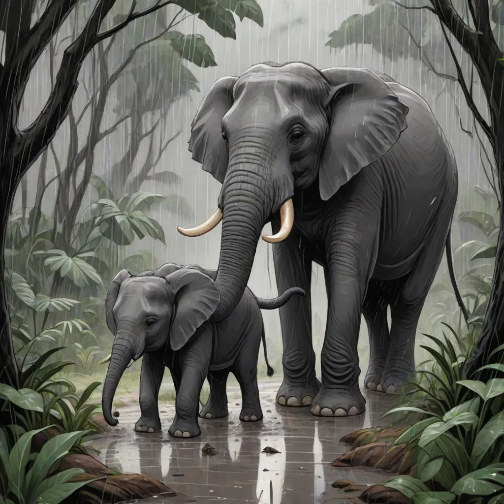 a mother elephant and her baby are walking through the rain in the jungle with trees and plants behind them, photorealism, an oil painting, Christophe Vacher, highly detailed digital painting