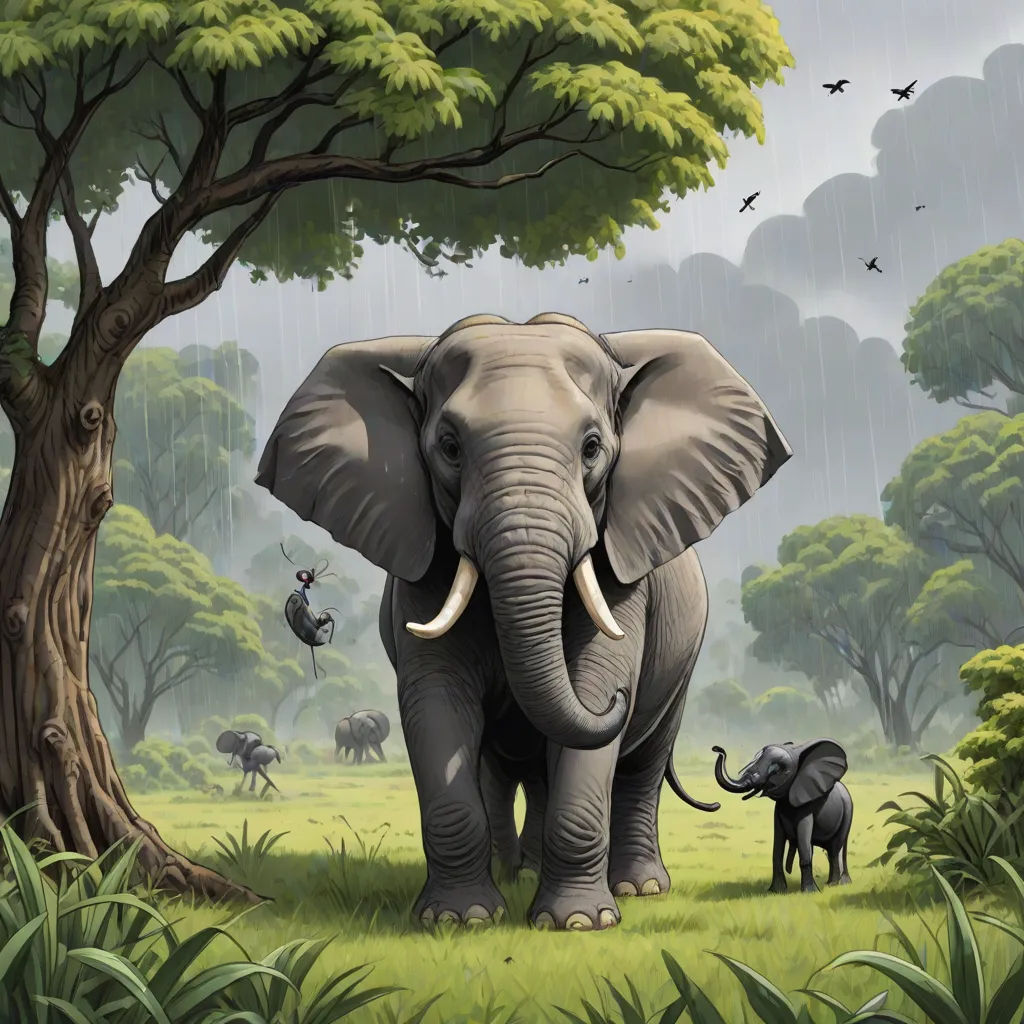 an elephant and a baby elephant are in the grass under a tree in the rain with birds flying overhead, fantastic realism, a detailed matte painting, Chris LaBrooy, highly detailed digital painting