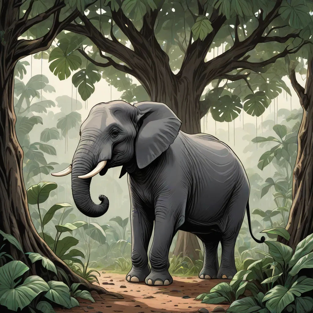 an elephant standing in the middle of a forest with trees and leaves around it, with a path leading to the elephant, sumatraism, a storybook illustration, Chris LaBrooy, storybook illustration