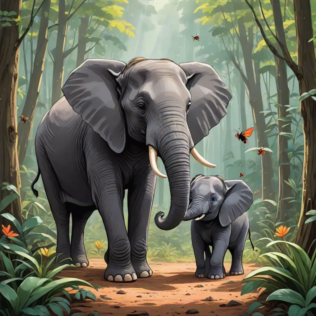 a couple of elephants standing in the middle of a forest with butterflies flying around them and a baby elephant, sumatraism, a storybook illustration, Chris LaBrooy, storybook illustration