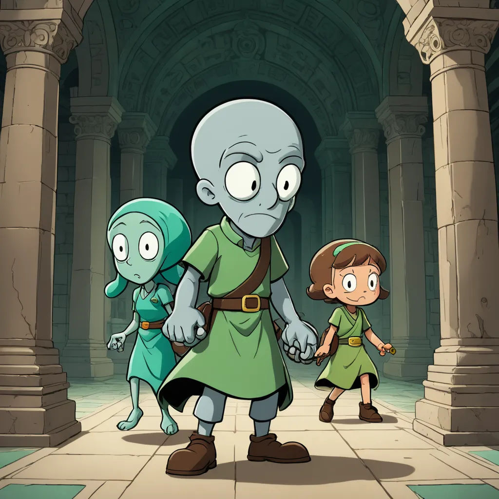 a cartoon of a group of people walking through a tunnel with an alien on the side of the street, sots art, concept art, Dean Roger, promotional image
